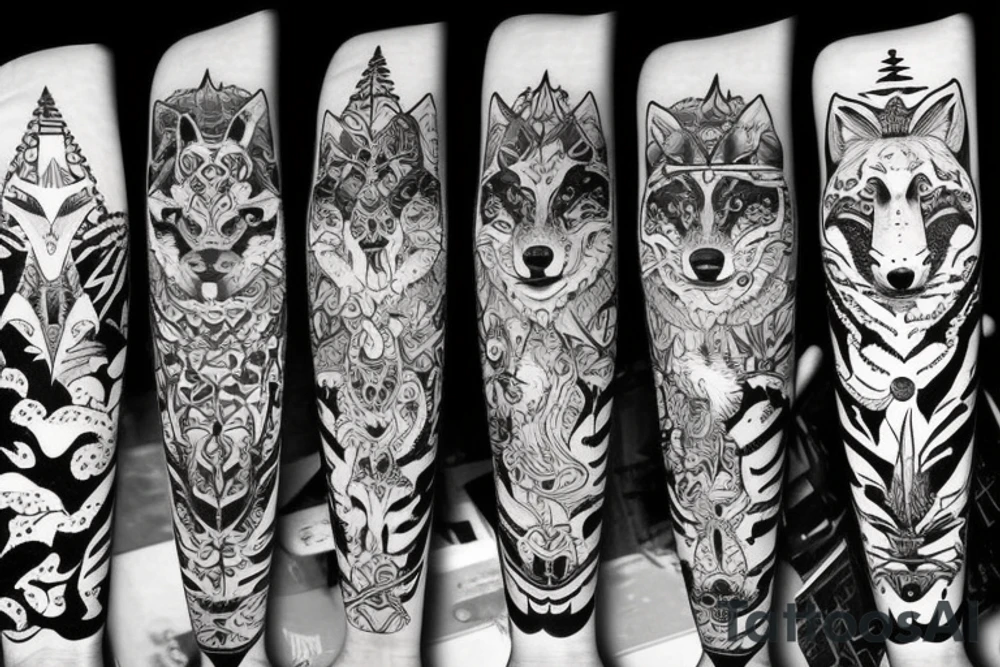 A wolf with a fox and a tiger with a moon and stars tattoo idea