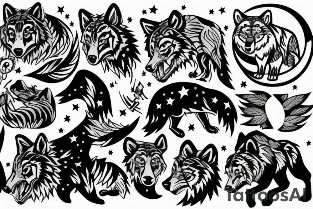 A wolf with a fox and a tiger with a moon and stars tattoo idea