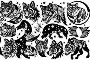 A wolf with a fox and a tiger with a moon and stars tattoo idea