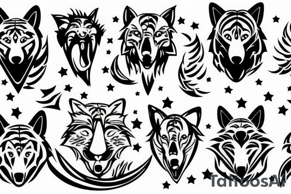 A wolf with a fox and a tiger with a moon and stars tattoo idea