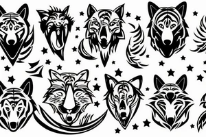 A wolf with a fox and a tiger with a moon and stars tattoo idea