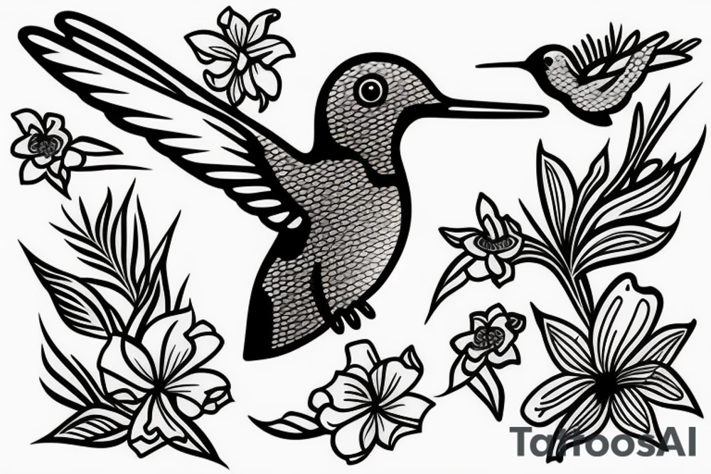 Hummingbird in flight with Hawaiian flowers tattoo idea