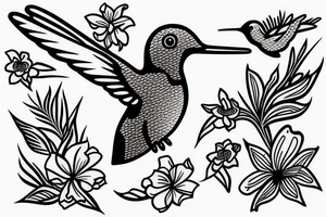 Hummingbird in flight with Hawaiian flowers tattoo idea