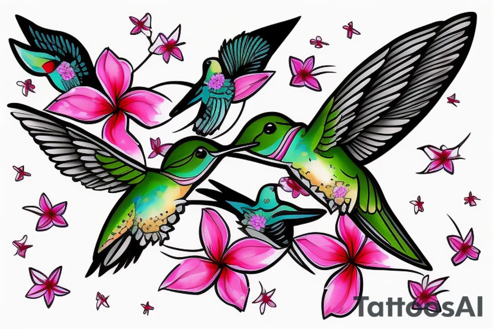 One Hummingbird in flight from an angle with Hawaiian flowers tattoo idea