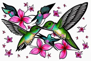 One Hummingbird in flight from an angle with Hawaiian flowers tattoo idea