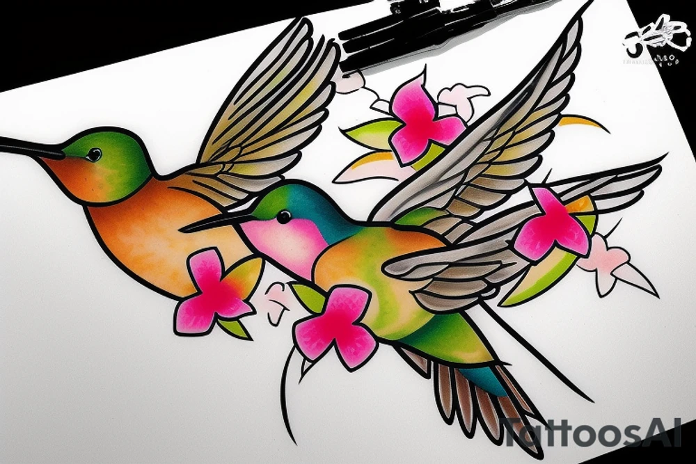 One Hummingbird in flight from an angle with Hawaiian flowers tattoo idea