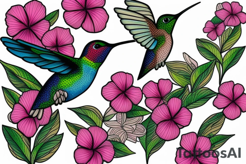One Hummingbird in flight from an angle with Hawaiian flowers tattoo idea