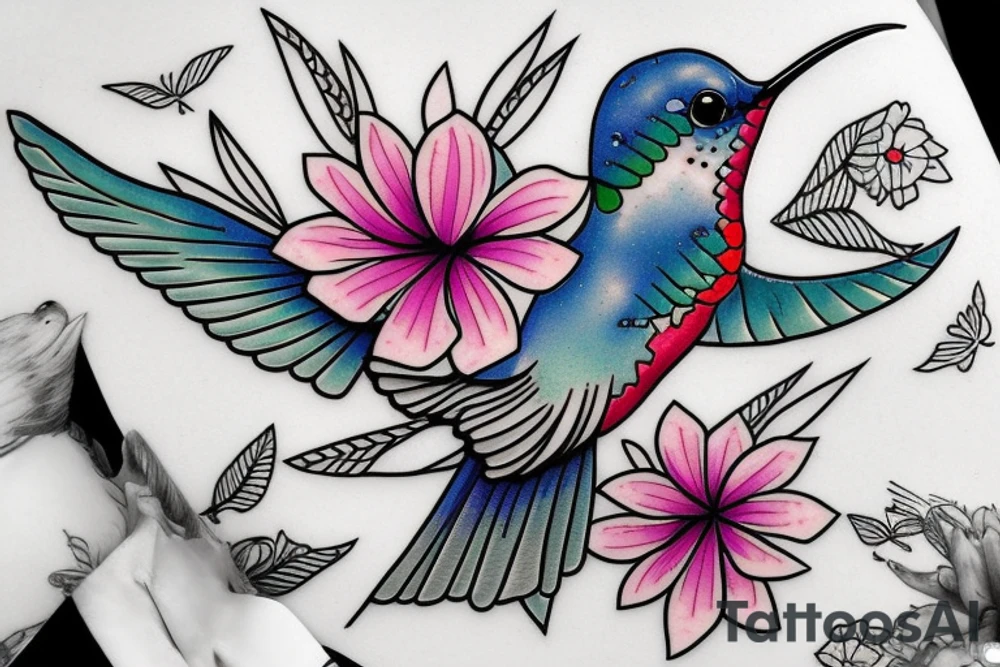 One Hummingbird in flight from an angle with Hawaiian flowers tattoo idea