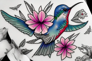One Hummingbird in flight from an angle with Hawaiian flowers tattoo idea