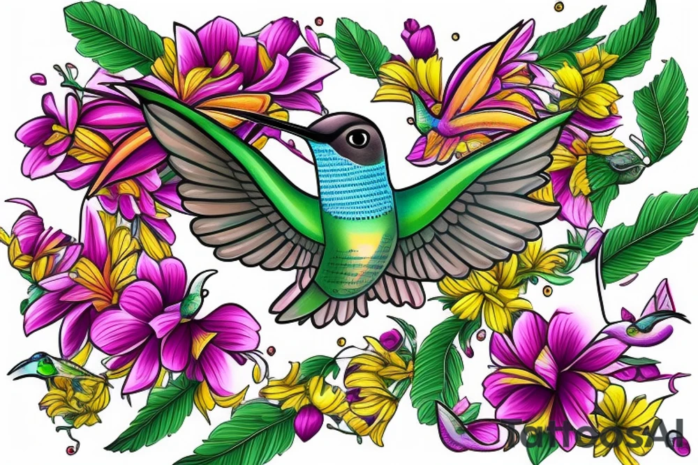 One Hummingbird in flight from an angle with 6 Hawaiian flowers surrounded with a lei tattoo idea