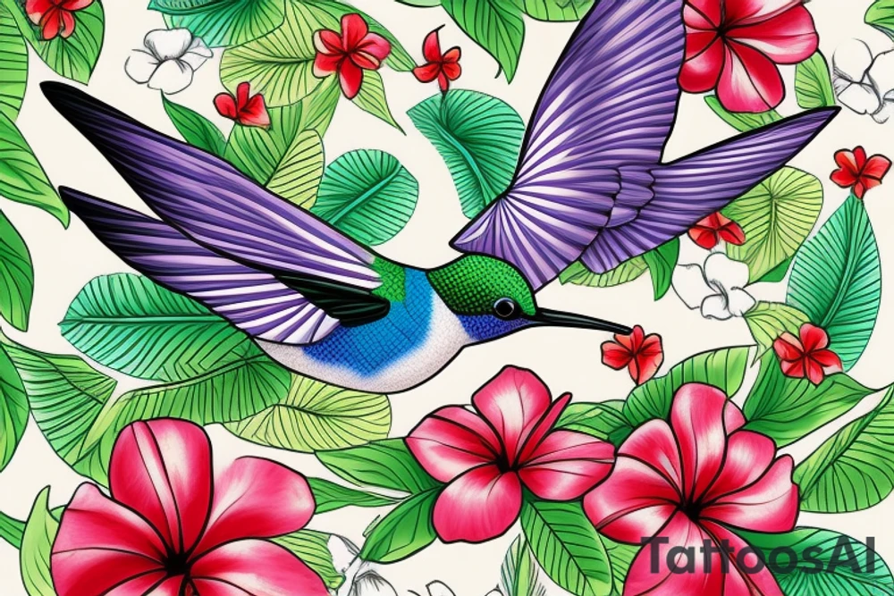 One Hummingbird in flight from an angle with 6 Hawaiian flowers surrounded with a lei tattoo idea