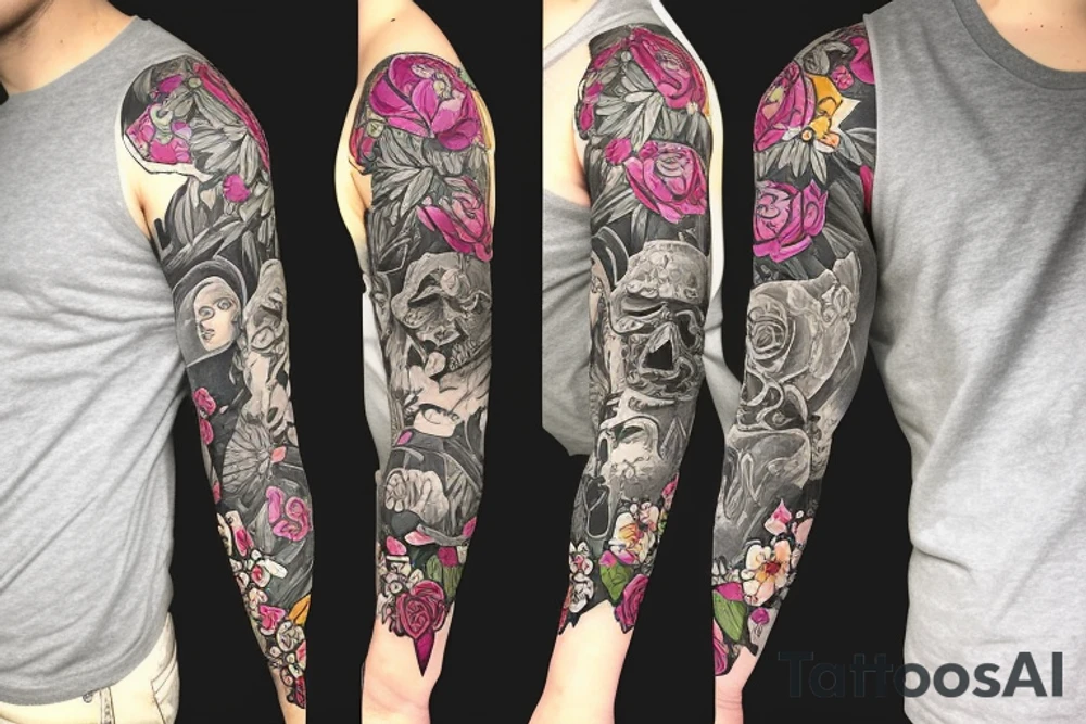 Sleeve using birth flowers for January July and august. Also incorporating Star Wars, Harry Potter, and the San Diego padres tattoo idea