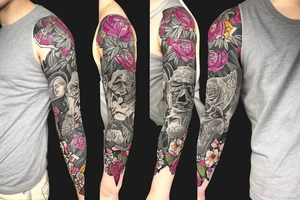 Sleeve using birth flowers for January July and august. Also incorporating Star Wars, Harry Potter, and the San Diego padres tattoo idea