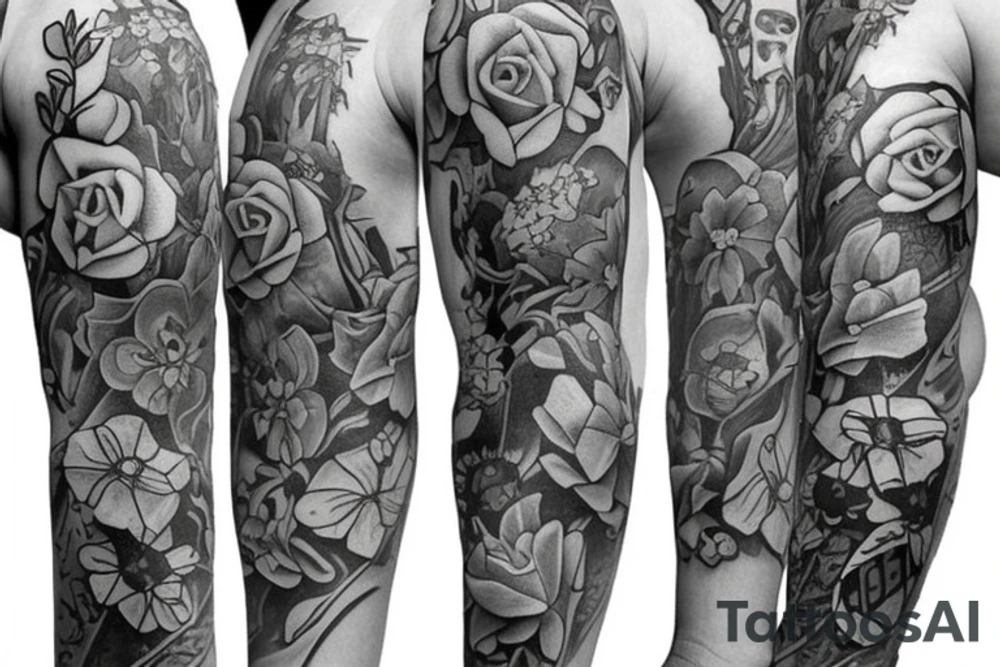 Sleeve using birth flowers for January July and august. Also incorporating Star Wars, Harry Potter, and the San Diego padres tattoo idea