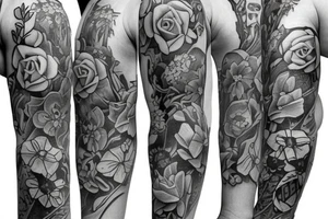 Sleeve using birth flowers for January July and august. Also incorporating Star Wars, Harry Potter, and the San Diego padres tattoo idea