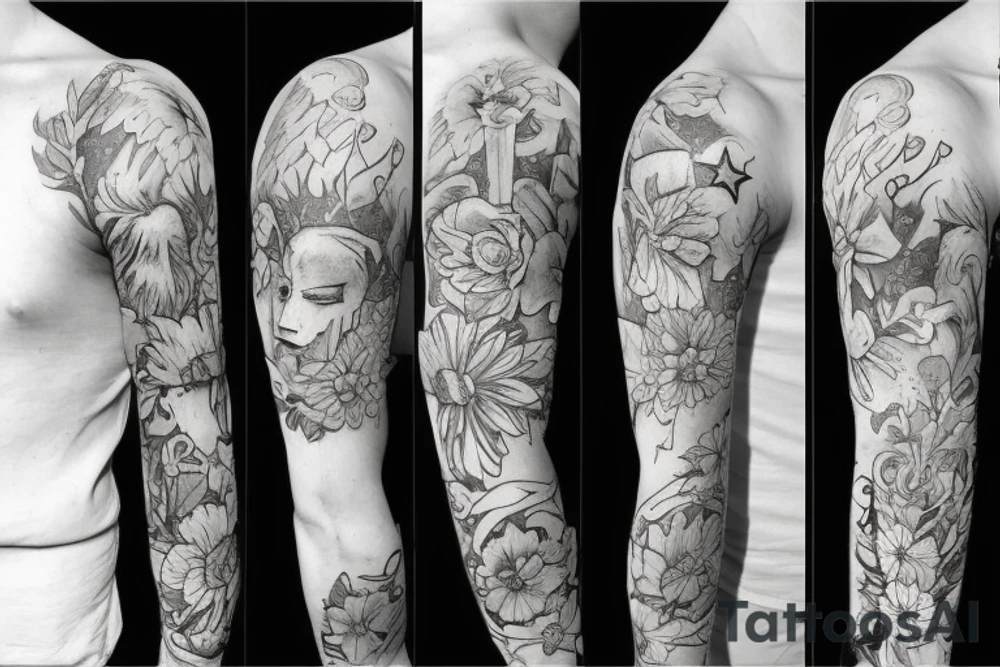 Sleeve using birth flowers for January July and august. Also incorporating Star Wars, Harry Potter tattoo idea