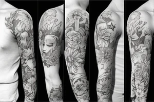 Sleeve using birth flowers for January July and august. Also incorporating Star Wars, Harry Potter tattoo idea