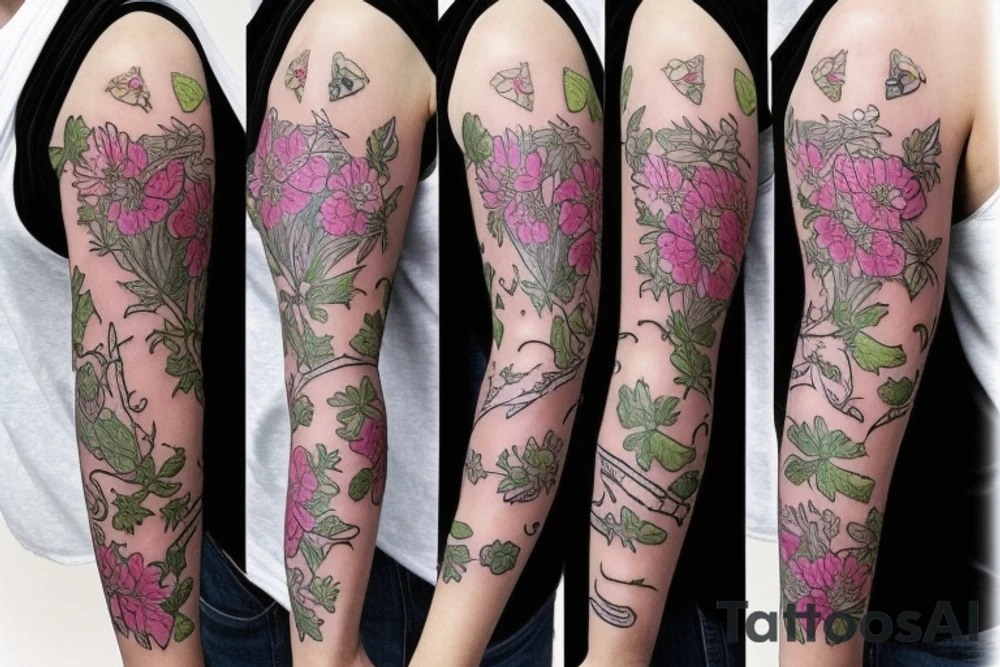 Sleeve using birth flowers for January July and august. Also incorporating Star Wars, Harry Potter tattoo idea