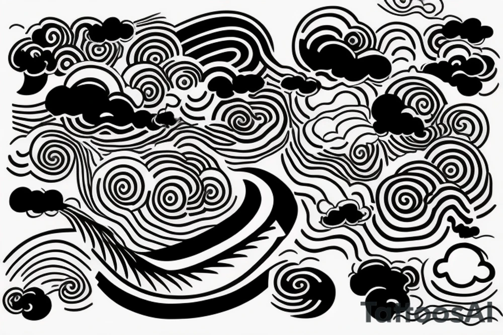 Black Japanese style clouds with a shaded abstract wavy geometrical line pattern within the clouds and a few randomly placed otherworldly abstract symbols throughout of varying size tattoo idea