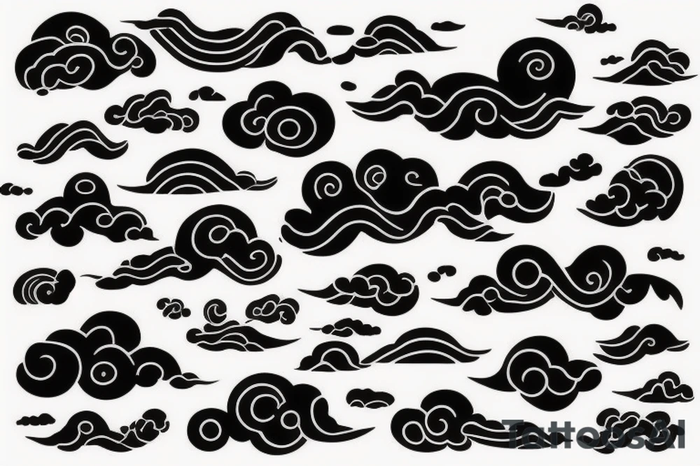 Black Japanese style clouds with a shaded abstract wavy geometrical line pattern within the clouds and a few randomly placed otherworldly abstract symbols throughout of varying size tattoo idea