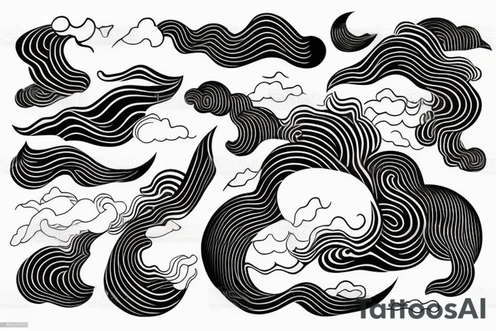 Black Japanese style clouds with a shaded abstract wavy geometrical line pattern within the clouds and a few randomly placed otherworldly abstract symbols throughout of varying size tattoo idea