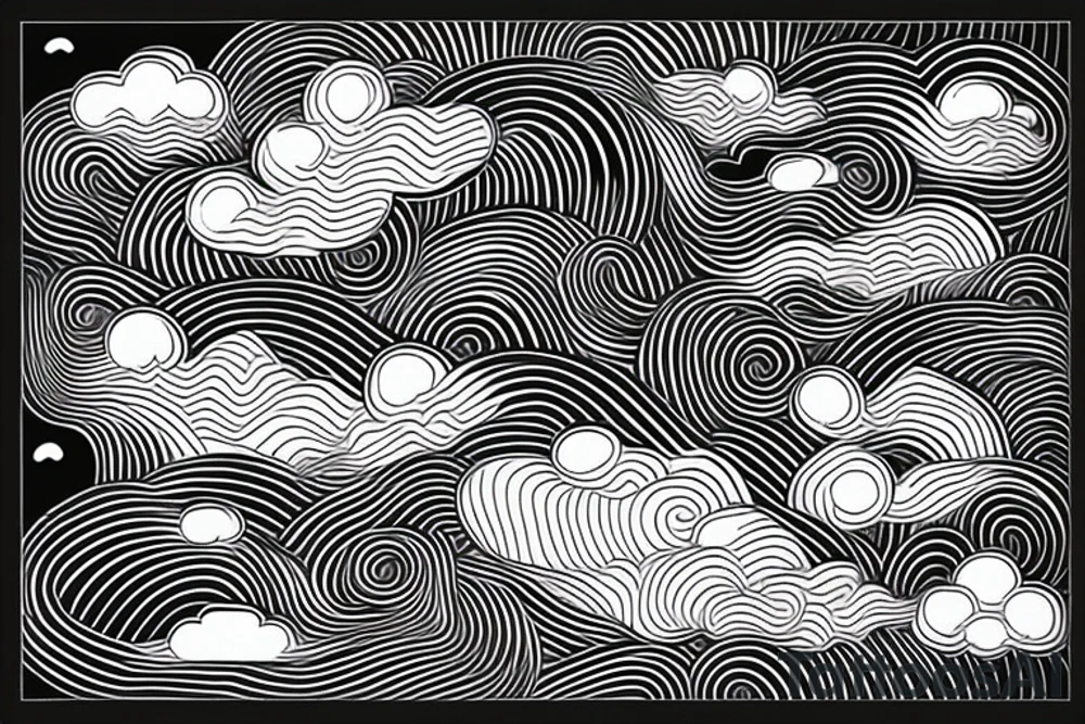 Connected black Japanese style clouds with a shaded abstract wavy geometrical line pattern within the clouds and a few randomly placed otherworldly abstract symbols throughout of varying size tattoo idea