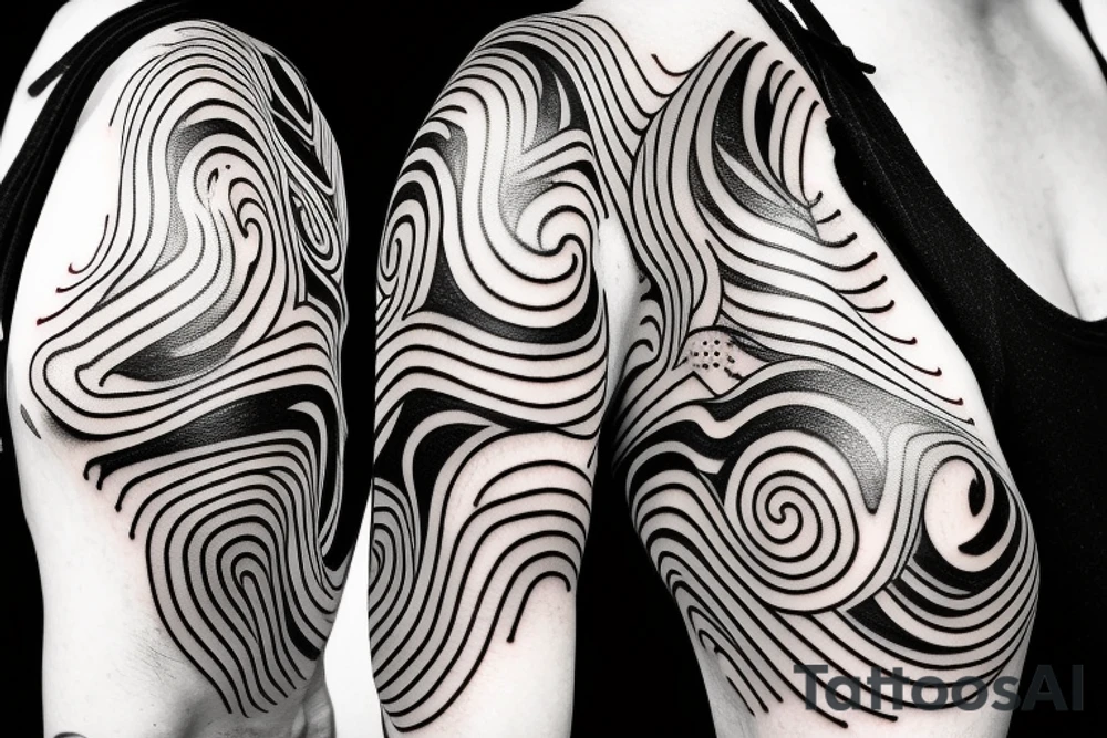 Connected black Japanese style clouds with a shaded abstract wavy geometrical line pattern within the clouds and a few randomly placed otherworldly abstract symbols throughout of varying size tattoo idea