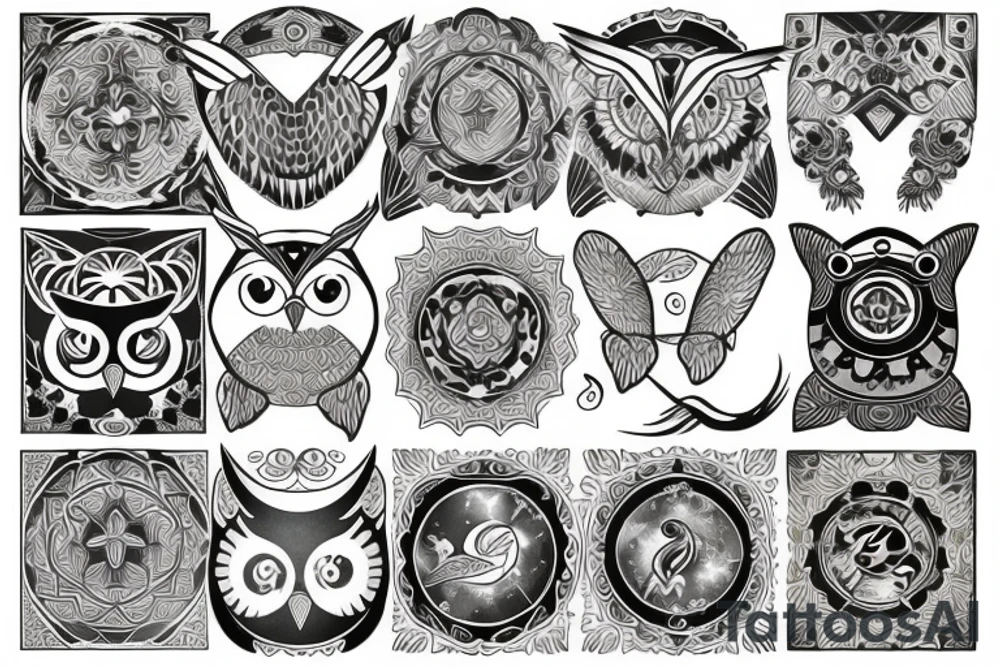 Owl with zodiac sign tattoo idea