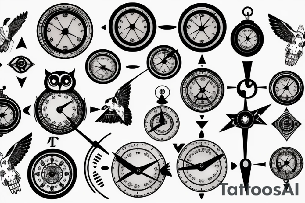Owl with clock and compass tattoo idea