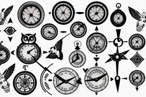 Owl with clock and compass tattoo idea