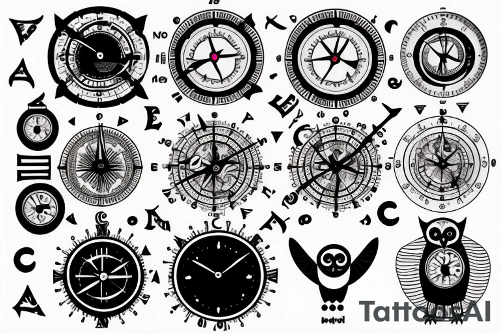 Owl with clock and compass tattoo idea