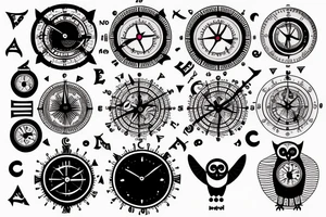 Owl with clock and compass tattoo idea