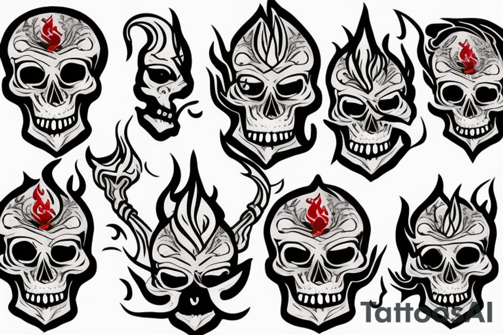 Skull with flames around head tattoo idea