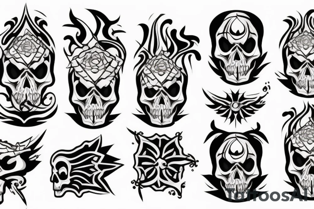 Skull with flames around head tattoo idea