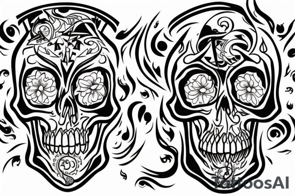 Skull with flames around head tattoo idea