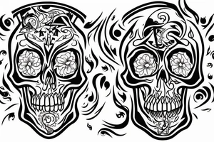 Skull with flames around head tattoo idea