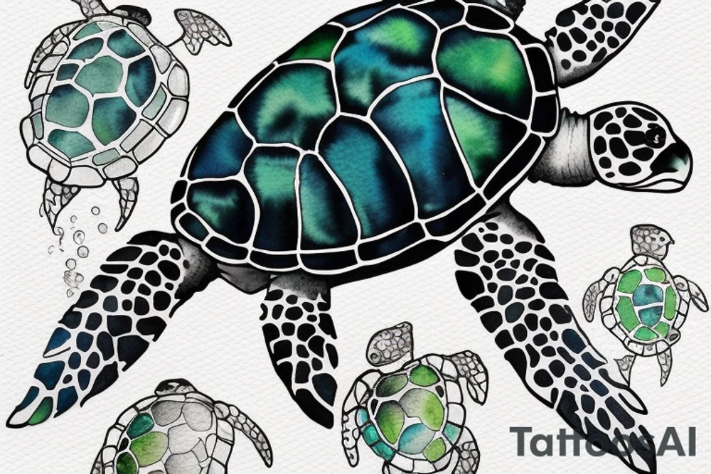 Sea turtle seen from above with watercolor style ink droplets to color the shell and around with smoke leaking at the bottom tattoo idea