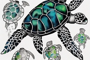 Sea turtle seen from above with watercolor style ink droplets to color the shell and around with smoke leaking at the bottom tattoo idea