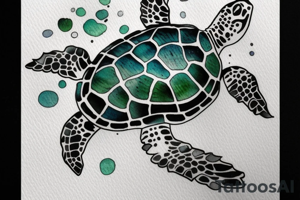 Sea turtle seen from above with watercolor style ink droplets to color the shell and around with smoke leaking at the bottom tattoo idea