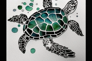 Sea turtle seen from above with watercolor style ink droplets to color the shell and around with smoke leaking at the bottom tattoo idea