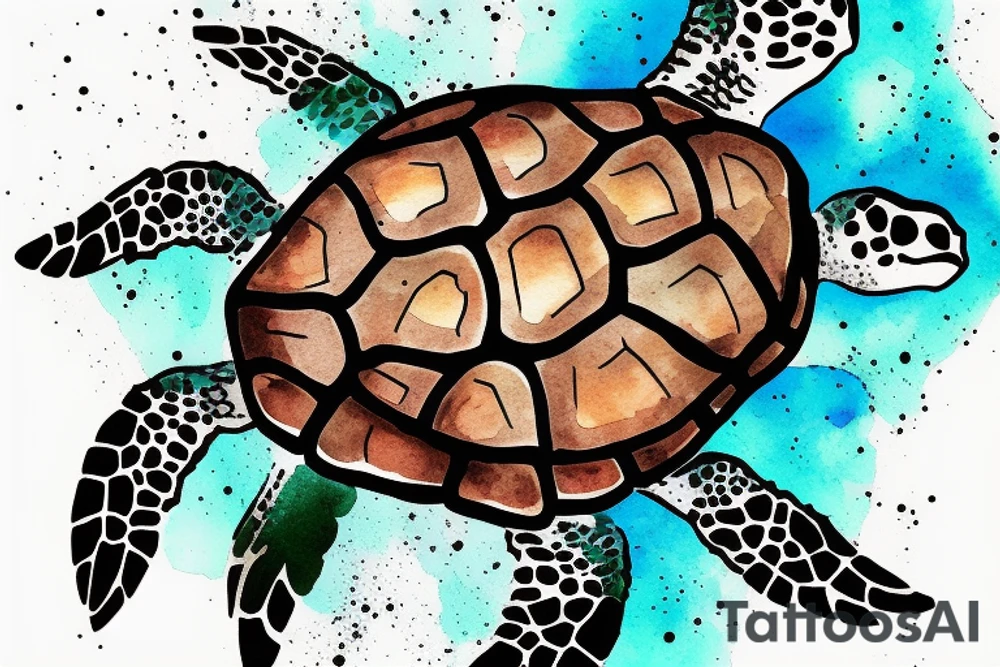 Sea turtle seen from above with watercolor style ink droplets to color the shell and around with smoke leaking at the bottom tattoo idea