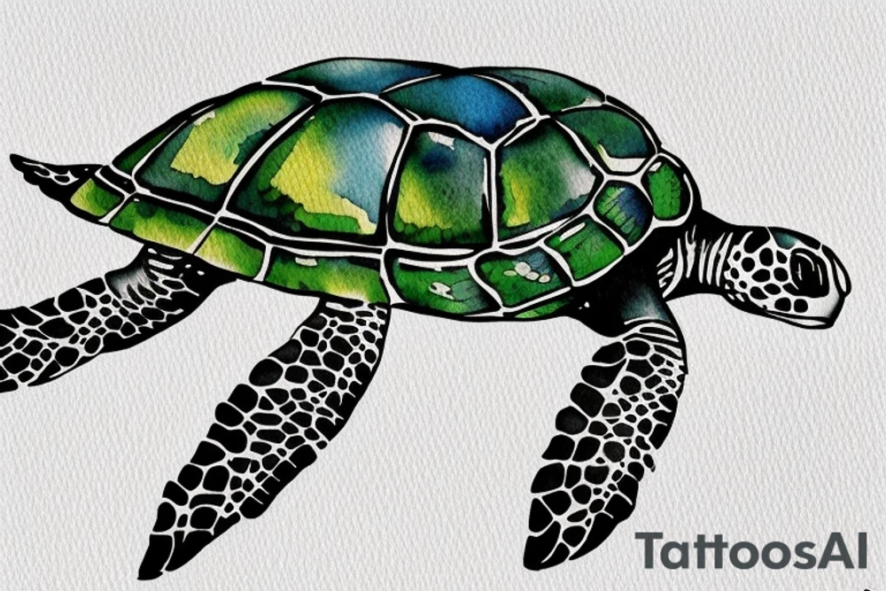 Sea turtle seen from above with watercolor style ink droplets to color the shell and around with smoke leaking at the bottom tattoo idea