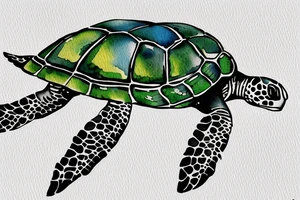 Sea turtle seen from above with watercolor style ink droplets to color the shell and around with smoke leaking at the bottom tattoo idea