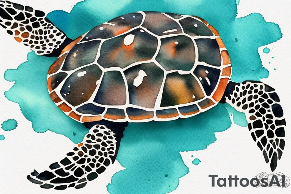 Sea turtle seen from above with watercolor style ink droplets to color the shell and around tattoo idea