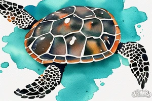 Sea turtle seen from above with watercolor style ink droplets to color the shell and around tattoo idea