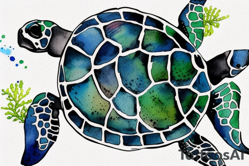 Sea turtle seen from above with watercolor style ink droplets to color the shell and around tattoo idea