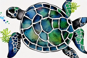Sea turtle seen from above with watercolor style ink droplets to color the shell and around tattoo idea