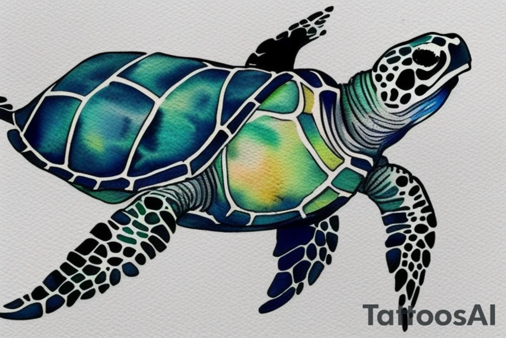 Sea turtle with watercolor style ink droplets to color the shell and around tattoo idea
