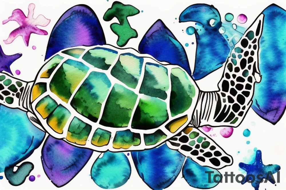 Sea turtle with watercolor style ink droplets to color the shell and around tattoo idea