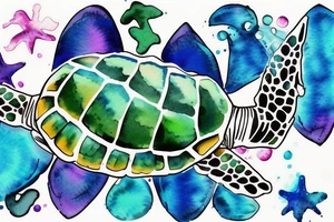 Sea turtle with watercolor style ink droplets to color the shell and around tattoo idea